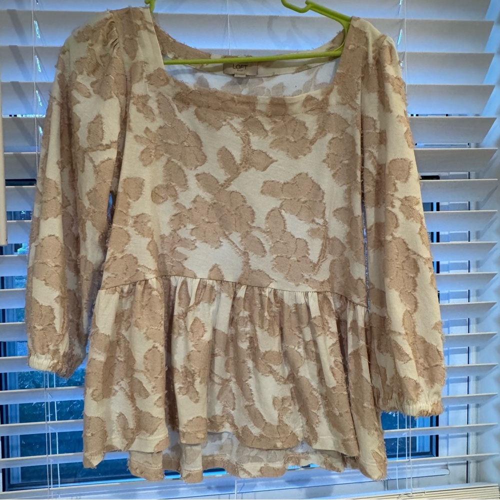 LOFT Floral Lace Peplum Blouse - Cream and Tan